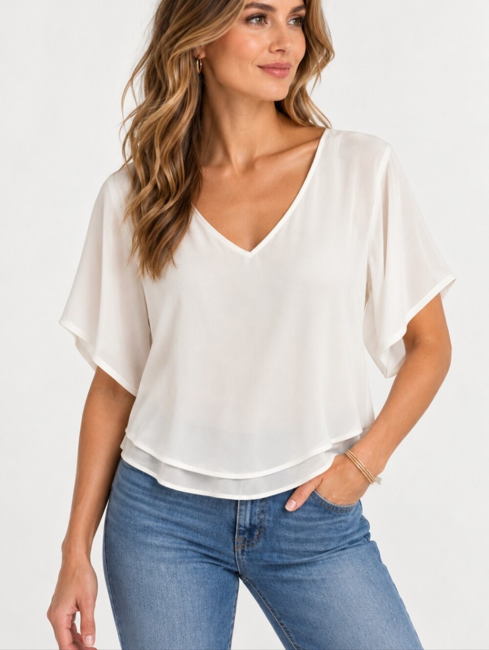 WHBM XXS Kimono Sleeve Layered V-Neck Blouse in Ecru Off-White